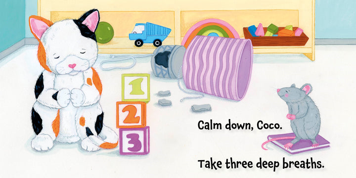 In "Calm Down, Coco" by Schiffer Publishing, Ltd., a calico kitten practices calming with closed eyes and paws together while a gray mouse sits near colorful toys. This board book gently teaches kids to take deep breaths and relax.