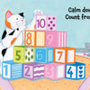 In Schiffer Publishing, Ltd.'s "Calm Down, Coco," a calico cat and gray mouse stack numbered blocks 1-10, teaching calming techniques and counting in this social-emotional board book.