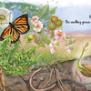 A vibrant scene from The Tiniest Giant (Schiffer Publishing, Ltd.) shows a blooming dandelion, bee, butterfly, flowers, leaves, earthworm underground with roots and seedling. Text: Hush! The seedling grows up toward the sun in this board book.