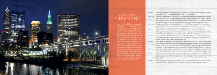 Night view of downtown Cleveland with illuminated skyscrapers, the green-lit Terminal Tower, and Detroit-Superior Bridge—a highlight featured in "101 Things to Do in Cleveland" by Schiffer Publishing, Ltd.