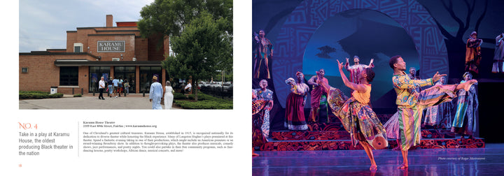 Left: People gather outside the historic Karamu House Theater. Right: Performers in vibrant costumes on stage—a highlight featured in Schiffer Publishing, Ltd.’s "101 Things to Do in Cleveland.