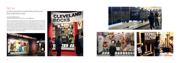 A magazine spread in "101 Things to Do in Cleveland" by Schiffer Publishing, Ltd. highlights the Rock & Roll Hall of Fame's top exhibits, including memorabilia, guitars, the "Cleveland Rocks" sign, interactive walls, and historic artifacts.
