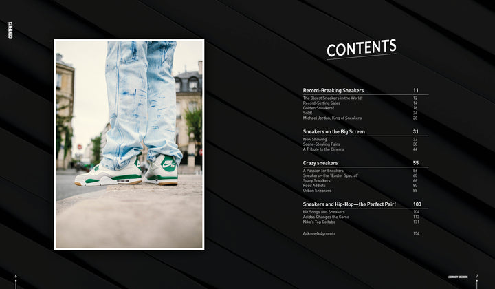 Close-up of a sneaker enthusiast in white and green Legendary Sneakers by Schiffer Publishing, Ltd., paired with rolled-up jeans on pavement. Buildings and trees blur in the background beside a magazine’s table of contents page.