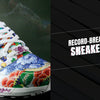 A vibrant Legendary Sneakers design by Schiffer Publishing, Ltd. featuring florals and gold accents is shown on the left. On the right, striking white "RECORD-BREAKING SNEAKERS" text pops over a black background with diagonal lines.