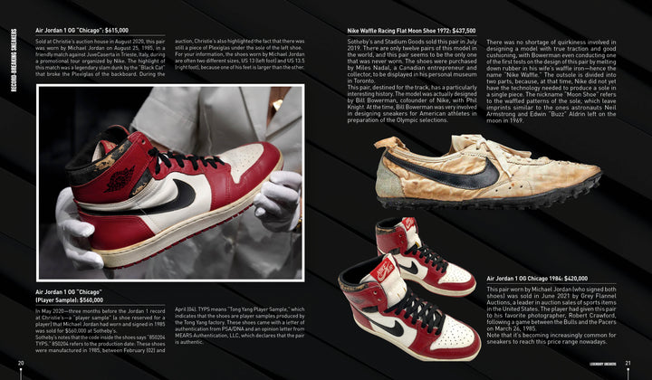 A magazine spread from Legendary Sneakers by Schiffer Publishing, Ltd. showcases four iconic Nike and Air Jordan pairs, featuring detailed descriptions, auction prices, and sneaker history on a dark background with white text and dividers.