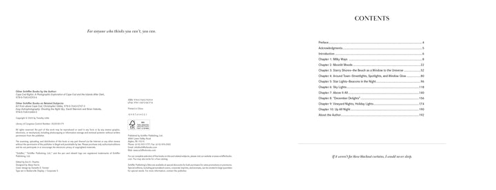 On the left, Midnight on Cape Cod by Schiffer Publishing, Ltd. shows its dedication—“for anyone who thinks no one will, you can”—and publication details; on the right is the contents page with chapters and page numbers. Inspired by Timothy Little photography.