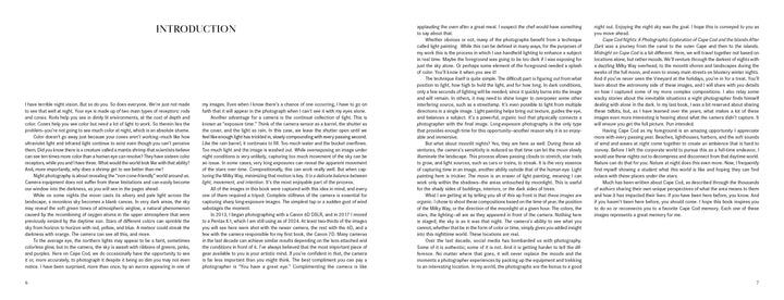 A two-page spread from Midnight on Cape Cod by Schiffer Publishing, Ltd. features the INTRODUCTION section in dense black serif text on white pages 6 and 7, evoking Cape Cod nighttime photography and lacking images or graphics.