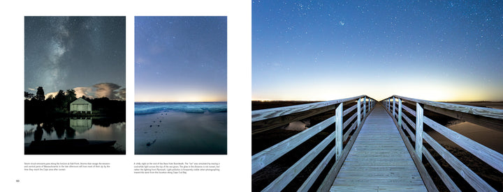 A two-page spread from Schiffer Publishing's *Midnight on Cape Cod* showcases starry skies, twilight icebergs, and a wooden walkway to the horizon, capturing the essence of Cape Cod nighttime photography.
