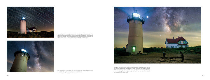 Midnight on Cape Cod" by Schiffer Publishing, Ltd. showcases a two-page spread: the left page features the Cape Cod lighthouse beneath star trails and the Milky Way; the right offers a close-up under vivid night skies.