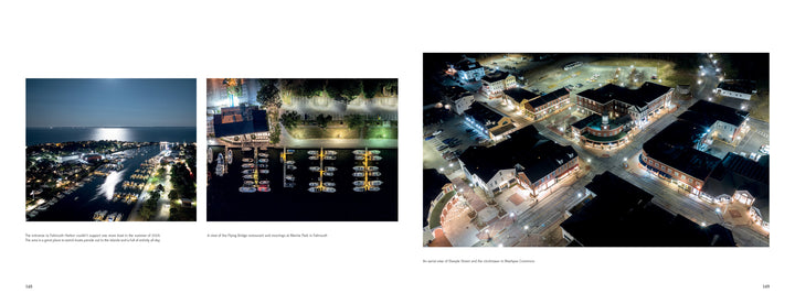 Experience "Midnight on Cape Cod" by Schiffer Publishing, Ltd.—aerial nighttime images of a coastal town marina with docked boats, glowing streets and shops in the signature Timothy Little photography style.