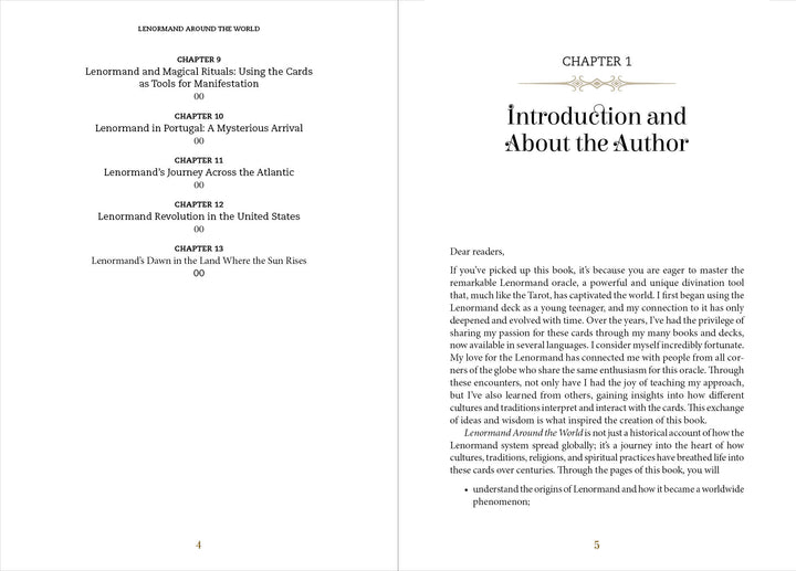 Two pages from Lenormand Around the World by Schiffer Publishing, Ltd.: The left page lists chapters 9–13 on Lenormand’s global influence. The right opens Chapter 1, with an inviting letter introducing readers to Lenormand card reading techniques.