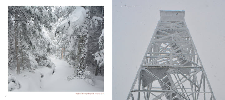 A snowy forest with frost-covered trees lies on the left as a tall, ice-covered fire tower rises on the right—showcasing dramatic scenery featured in "The Appalachian Trail" from Schiffer Publishing, Ltd.
