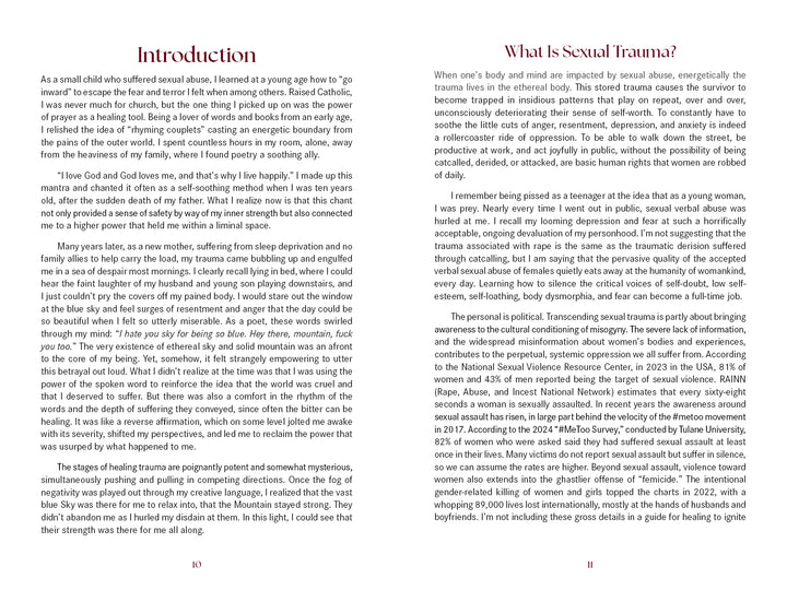 Two pages from Transcending Sexual Trauma by Schiffer Publishing, Ltd. discuss the author's experiences with sexual trauma. The left page is "Introduction," the right is "What Is Sexual Trauma?" Both address healing in two text columns.