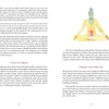 A two-page spread from "Transcending Sexual Trauma" by Schiffer Publishing, Ltd. discusses chakras and holistic health through personal stories. The right page shows a watercolor of a person seated cross-legged with seven chakra symbols.