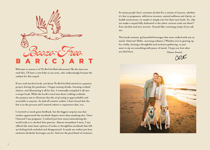 A book spread from Schiffer Publishing, Ltd.’s The Booze-Free Bar(c)art Book shows a stork with a cocktail, the title, a welcome note, and a beach photo of a woman with two dogs; text highlights alcohol-free cocktails and inclusivity.