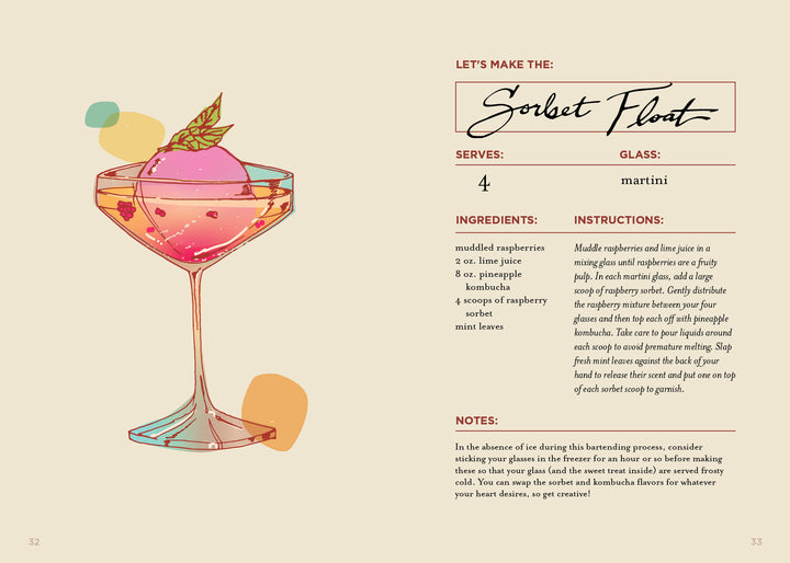 An illustrated recipe page from The Booze-Free Bar(c)art Book by Schiffer Publishing, Ltd. shows a pink sorbet float mocktail in a martini glass with mint, plus alcohol-free cocktail tips, ingredients, instructions, and notes.