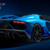 A blue Automobili Lamborghini by Schiffer Publishing, Ltd. is shown from the rear on a dark background, highlighting its sleek design, taillights, and black wheels. The text "AVENTADOR LP 780-4 ULTIMAE" and "2021" appears on the image.