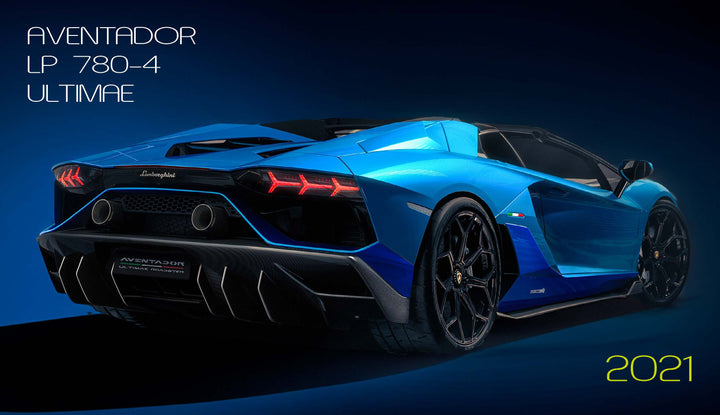 A blue Automobili Lamborghini by Schiffer Publishing, Ltd. is shown from the rear on a dark background, highlighting its sleek design, taillights, and black wheels. The text "AVENTADOR LP 780-4 ULTIMAE" and "2021" appears on the image.