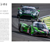 A green and black Automobili Lamborghini leads a green Aston Martin around the racetrack. Text highlights Automobili Lamborghini’s SC63 debut at Le Mans 24 Hours, featured by Schiffer Publishing, Ltd.