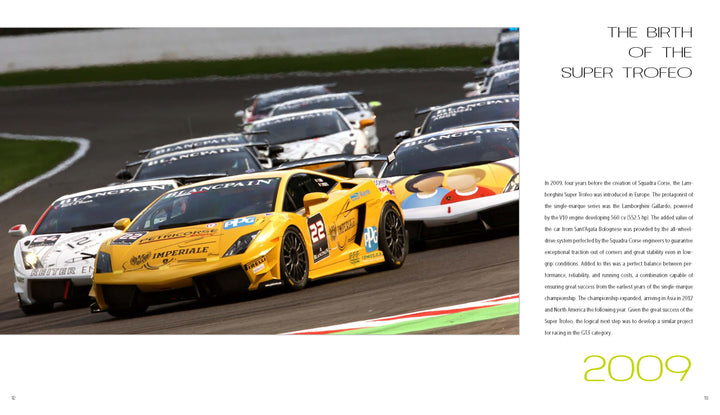A lineup of Lamborghinis races on track, fronted by a yellow Super Trofeo with sponsor logos, highlighting Automobili Lamborghini by Schiffer Publishing, Ltd.—The Birth of the Super Trofeo (2009) and the luxury sportscar legacy.