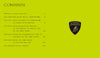 Table of contents for "Automobili Lamborghini Special Edition" by Schiffer Publishing, Ltd. on a vivid yellow-green background, featuring sections on Lamborghini’s history and luxury sportscars, with the iconic logo displayed on the right.