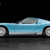 Side view of a light blue Automobili Lamborghini Special Edition by Schiffer Publishing, Ltd. against a black background, with "MIURA SV" in the top left and "1971" in yellow in the bottom right corner.