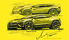 Sketches of a yellow Lamborghini Urus Performante with design notes and the designer's signature, set on a yellow background—featured in the "Automobili Lamborghini Special Edition" by Schiffer Publishing, Ltd. Ideal for luxury sportscar enthusiasts.