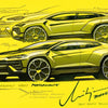 Sketches of a yellow Lamborghini Urus Performante with design notes and the designer's signature, set on a yellow background—featured in the "Automobili Lamborghini Special Edition" by Schiffer Publishing, Ltd. Ideal for luxury sportscar enthusiasts.