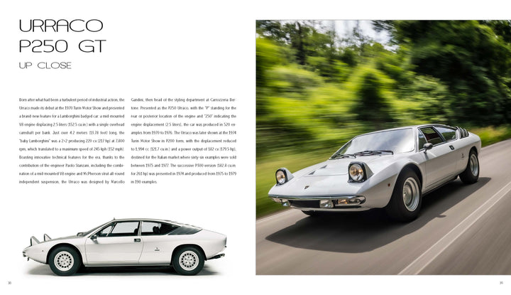 The Automobili Lamborghini Special Edition by Schiffer Publishing, Ltd. is shown in two photos: left, parked in profile against a white background; right, seen driving on a road from the front left side.