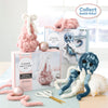 A Super Simple Finger Knitting Kit Jiggle the Jellyfish box by Schiffer Publishing, Ltd. and a blue jellyfish plush sit on a table with yarn, scissors, and ornaments. Text reads, “Collect both kits!”—great for beginner knitters.