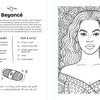 The Ultimate Pop Divas Coloring Book by Schiffer Publishing, Ltd. features a Beyoncé coloring page with wavy hair, large earrings, and a patterned background; the opposite page highlights her facts, hit songs, and a quote.