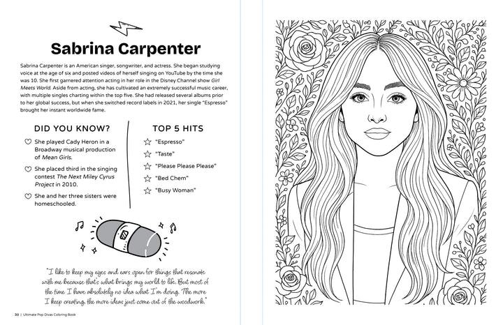 The Ultimate Pop Divas Coloring Book by Schiffer Publishing, Ltd. features a Sabrina Carpenter portrait with long hair and flowers, plus a page of fun facts and her top five hits—ideal for fans of pop icons coloring books.