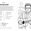 Black and white coloring page from the Ultimate Country Legends Coloring Book by Schiffer Publishing, Ltd. Features Johnny Cash with a guitar outdoors, fun facts, top 5 hits, a quote, and stars and hearts for country music fans.