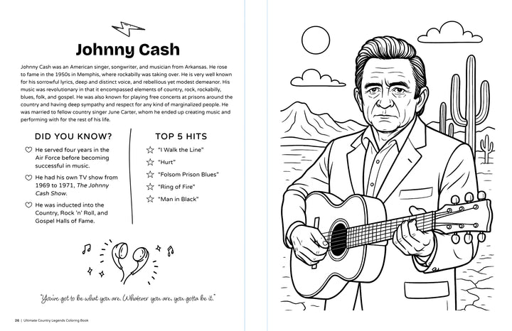 Black and white coloring page from the Ultimate Country Legends Coloring Book by Schiffer Publishing, Ltd. Features Johnny Cash with a guitar outdoors, fun facts, top 5 hits, a quote, and stars and hearts for country music fans.