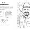 A black-and-white page from Schiffer Publishing, Ltd.’s Ultimate Country Legends Coloring Book features a smiling cowboy—Garth Brooks—alongside fun facts, his top 5 hits, and musical notes, ideal for country music fans.
