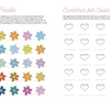 A page from The Creative Free Spirit Coloring Book by Schiffer Publishing, Ltd. shows five rows of flower designs labeled Fresh, Sea, Mountain, Autumn, and Natural Light, plus blank heart outlines beside them for color testing and swatching.