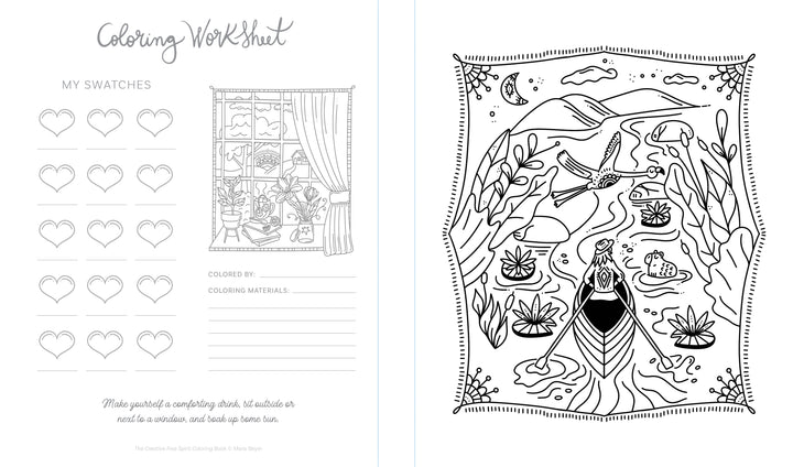Discover The Creative Free Spirit Coloring Book by Schiffer Publishing, Ltd.—featuring a grid for color swatches, a window scene with plants, lined detail section, and a nature-inspired black-and-white illustration.