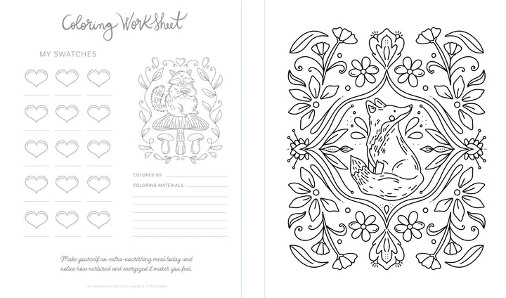 Inspired by The Creative Free Spirit Coloring Book by Schiffer Publishing, Ltd., this black-and-white worksheet features a fox with leaves and flowers, a cat on mushrooms, space for color swatches, and an area to list coloring materials.