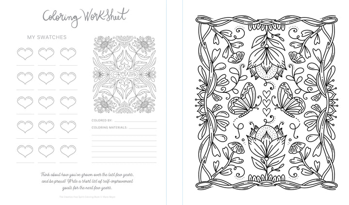 A printable worksheet from "The Creative Free Spirit Coloring Book" by Schiffer Publishing, Ltd., featuring a swatch section, space for notes, and a detailed floral and butterfly design—ideal for nature coloring fans.