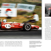 Two red vintage Formula 1 cars race on a track in "Lords of Speed" by Schiffer Publishing, Ltd.; the left page shows car #16, Team Surtees, while the right displays thrilling racing photos and stories of legendary Formula One drivers.