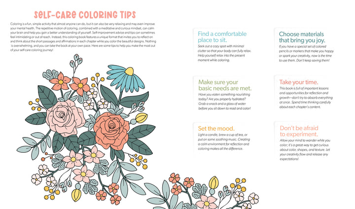 On the left, a floral page from the Awesomely Authentic Self-Care Coloring Book by Schiffer Publishing, Ltd. is partly colored; on the right, self-care coloring tips offer advice for relaxation and emotional wellness.