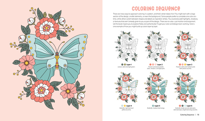 The Awesomely Authentic Self-Care Coloring Book by Schiffer Publishing, Ltd. features a pastel butterfly amid colorful flowers, with guided coloring on the right page to help build the scene layer by layer for emotional wellness.