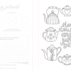 The Awesomely Authentic Self-Care Coloring Book by Schiffer Publishing, Ltd. features outlined teapots, a floral cup, and “slow down and just be,” plus a flower sketch, swatch circles, and a journal prompt on perfection for emotional wellness.