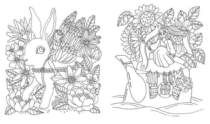 MAGIC MEADOWS - ROYAL KINGDOM - MERMAIDS’ BAY by Schiffer Publishing, Ltd. offers whimsical scenes like a girl riding a rabbit among flowers and another with a girl on a whale—perfect for fans of fairy coloring books.