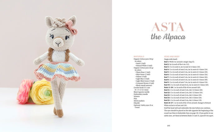 A crocheted alpaca doll in a pastel tutu and bow stands on one leg by a yellow flower; on the right is the book "Sweet and Simple Amigurumi Friends" from Schiffer Publishing, Ltd., featuring amigurumi patterns and instructions.