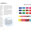 Two pages from "Yummy Watercolor" by Schiffer Publishing, Ltd.—left page explains paint choices and mixing; right page displays “My Personal Color Palette” handwritten above vivid, labeled color swatches.