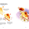 Yummy Watercolor by Schiffer Publishing, Ltd. features a cheesecake slice with caramel, color swatches, and step-by-step recipe instructions. On the right, a watercolor painting shows classic cheesecake with tea on a lace doily.