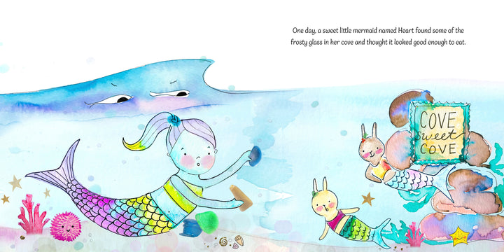 A watercolor illustration from "Mermaid Candy" by Schiffer Publishing, Ltd. shows a pink and blue-haired mermaid swimming with sea glass while bunny-like creatures with mermaid tails watch from a "Cove sweet Cove" rock and a large blue fish looks on.