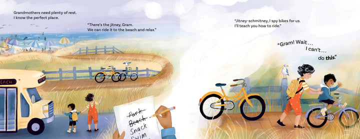 In "Hanging Out with Gram" by Schiffer Publishing, Ltd., a colorful beach scene shows Gram holding a notepad as her grandson points at a bike. Later, he cheers her on while she nervously rides the bike toward the shore, with lively text throughout the picture book.