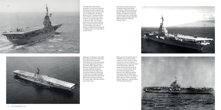 Four black-and-white photos of the USS Yorktown (CV-10) at sea capture striking views from various angles, featuring planes launching and distinctive decks—all from Schiffer Publishing, Ltd.'s Legends of Warfare series.